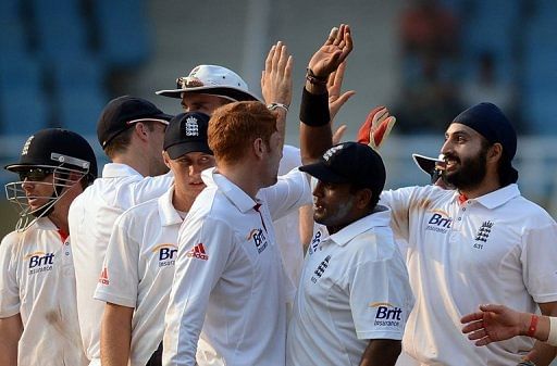 Monte Panesar (right) took one wicket for 47 runs as England struggled against Mumbai 'A' today